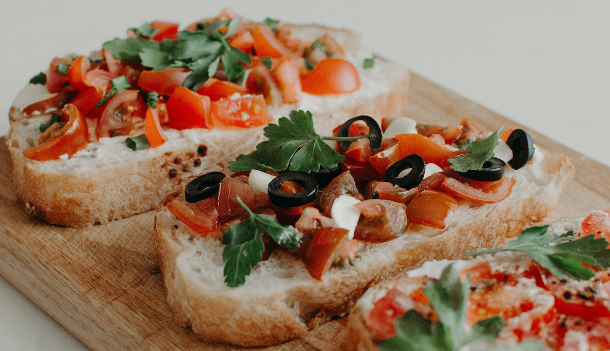 bruschetta, food, italian, bread, tomatoes, olives, herbs