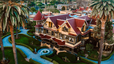 An aerial view of the Winchester Mystery House in San Jose