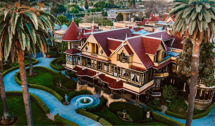 An aerial view of the Winchester Mystery House in San Jose