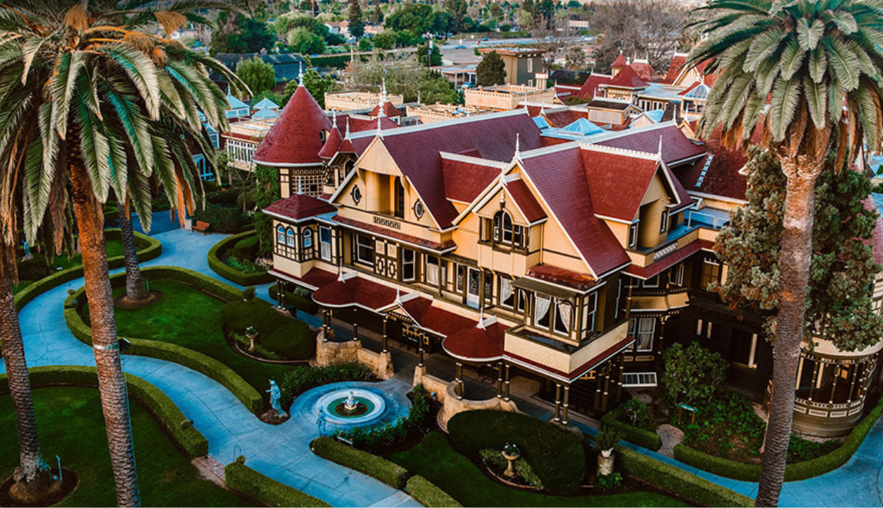 An aerial view of the Winchester Mystery House in San Jose