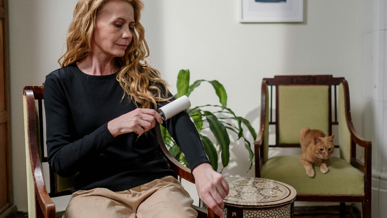 woman with lint roller and cat