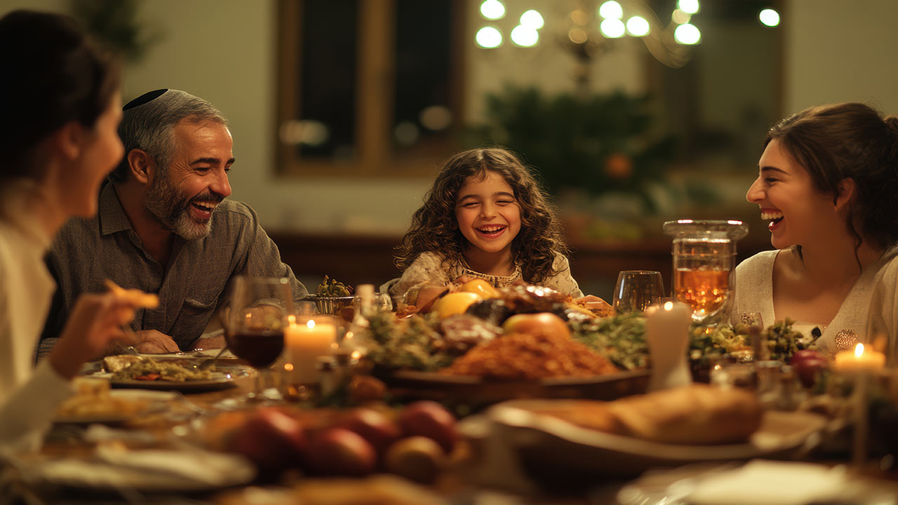 happy family enjoying rosh hashanah dinner