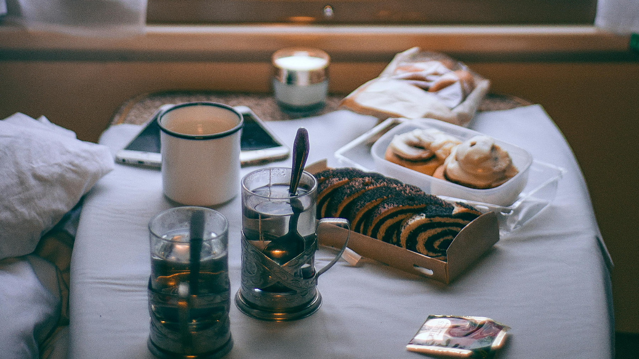 table with food and drinks