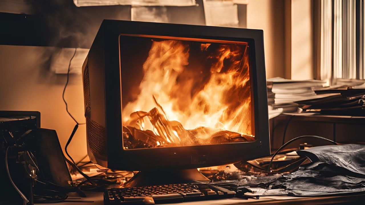 burning computer, hackers, hacked, technology, fire