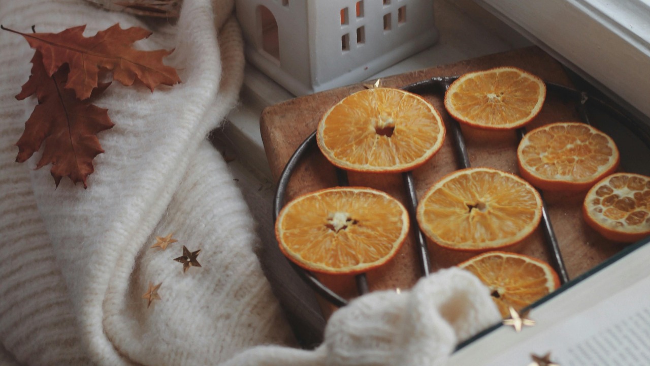 Dry orange slices on table